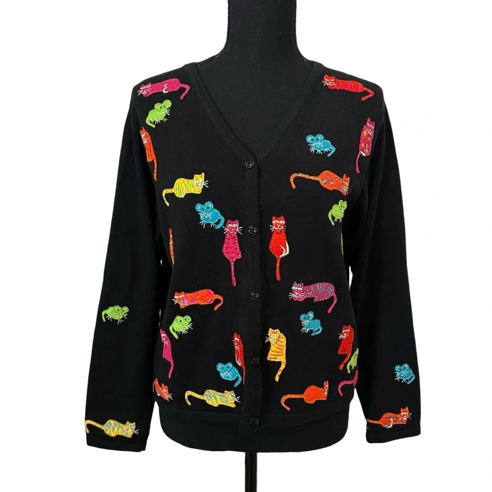 Vintage Cat Cardigan Sweater Embroidered Animal Colorful Funky Size Large - Picture 1 of 7